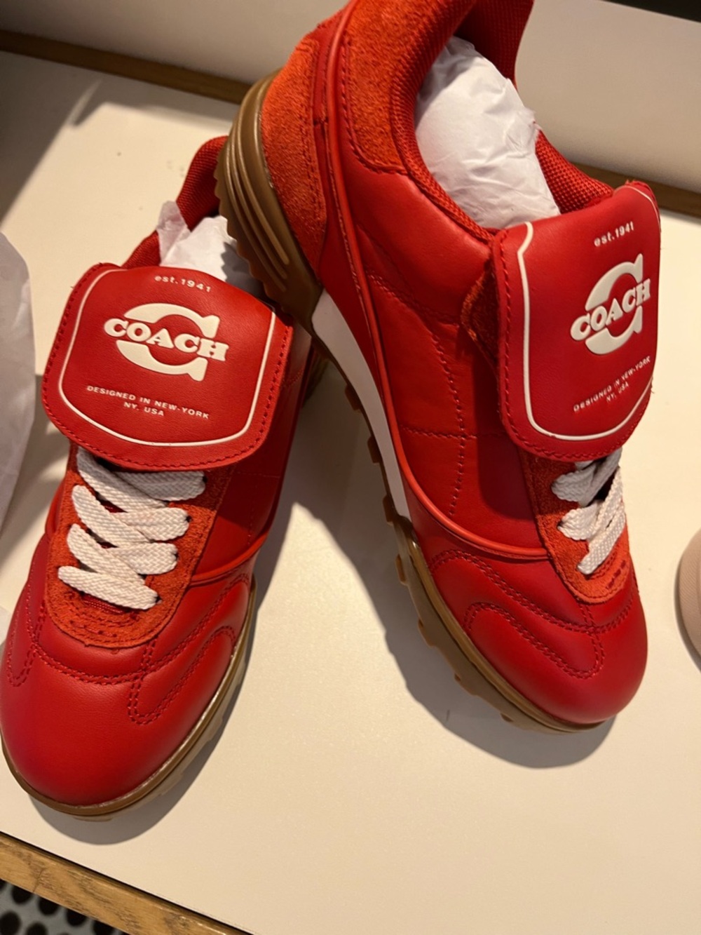 Coach women’s Match Leather and Suede Sneakers red 5/5.5 - Picture 9 of 14
